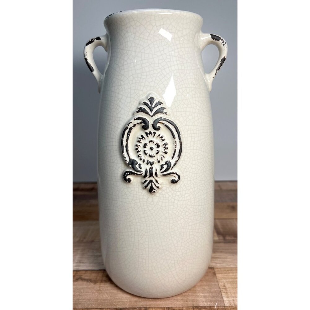 Vintage-Inspired White Ceramic Vase With Handles Embossed Floral Design Large